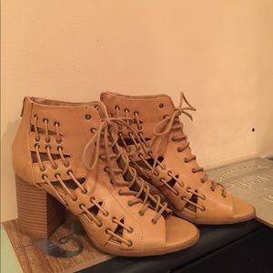 Laced Up Tan Bootie Heels